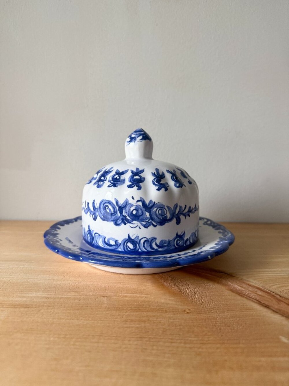 Vintage Portuguese Hand Painted Pottery Butter Dish | Blue White Ceramic Dome